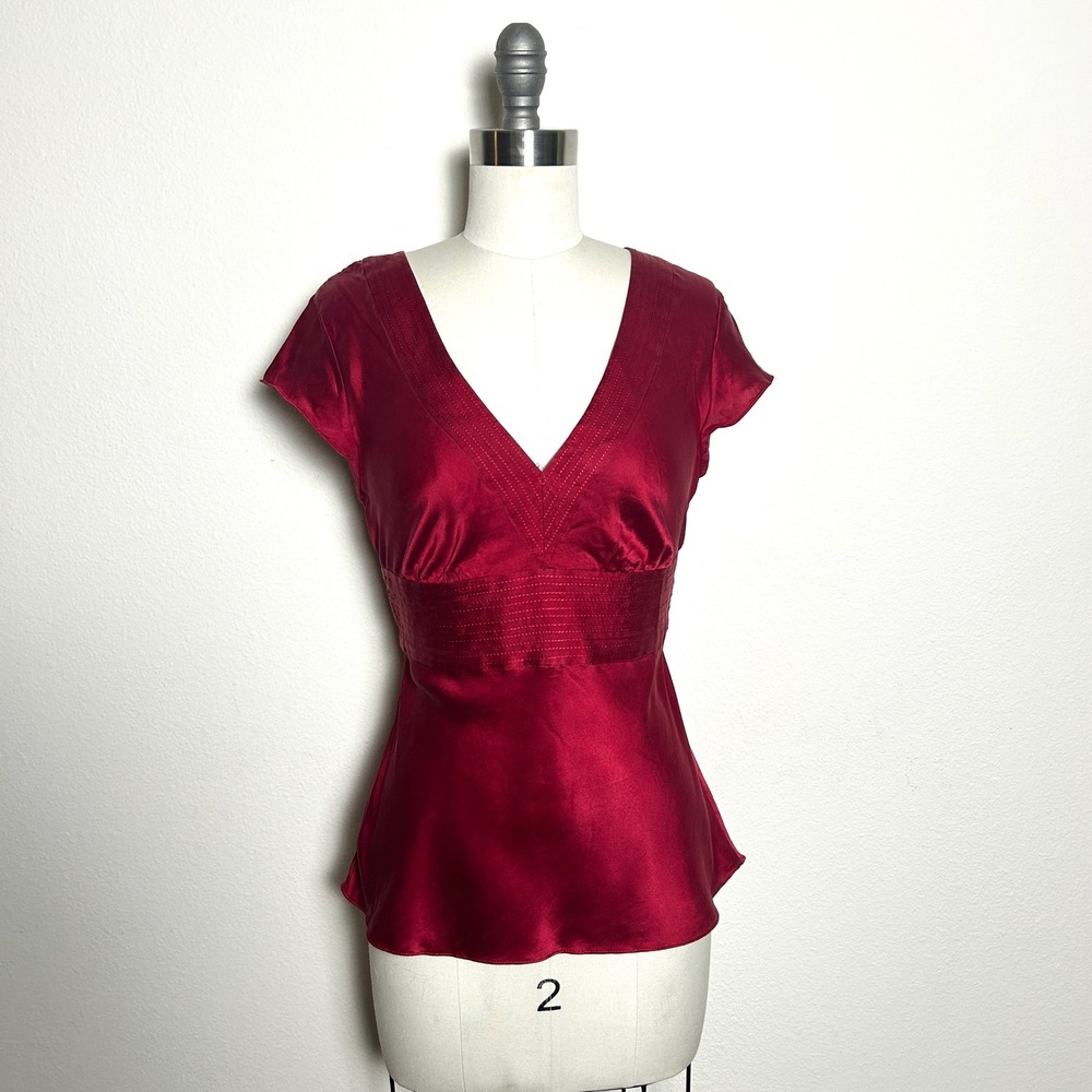 Express Red Silk Stretch V-Neck Empire Waist Tie Back Blouse Top Womens Size S